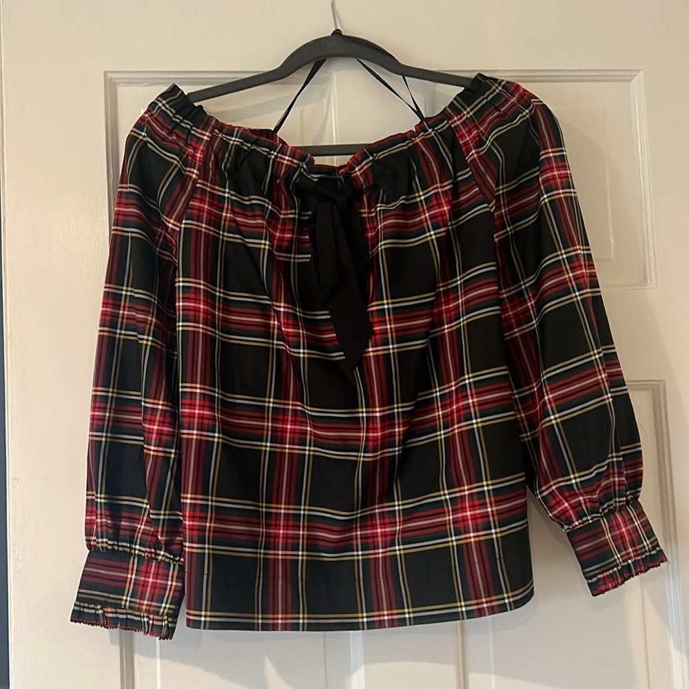 JCrew off the shoulder plaid top